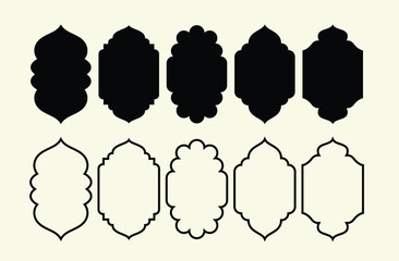 Islamic shape of windows or door arch. Arab frame Set of black silhouette eid Mubarak decorative arches, mosque borders. Arabic Muslim architecture design elements, Ramadan frame.