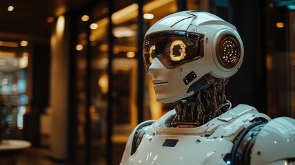 Businessman having a conversation with a humanoid robot while sitting at a table in an office, real photograph