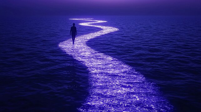 A mysterious figure walking on a bridge made of light, surrounded by a cosmic ocean, deep blue and violet hues, a sense of wonder and infinity, surreal fantasy setting, visually stunning, 8K