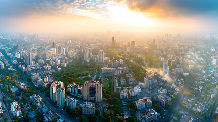 Aerial view of Pune city in Maharashtra, India, showcasing urban landscape and skyscrapers under beautiful sunrise