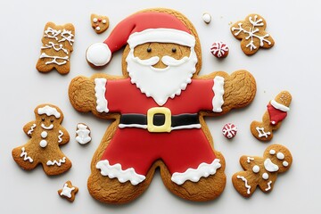 Delightful gingerbread Santa cookie wearing a festive suit surrounded by cheerful holiday shapes on a winter's day. Generative AI