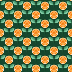 Minimalist nature-inspired floral print with orange-toned flowers and symmetrical green leaves for decorative use. Perfect for textiles, wallpapers, stationery, or digital applications.