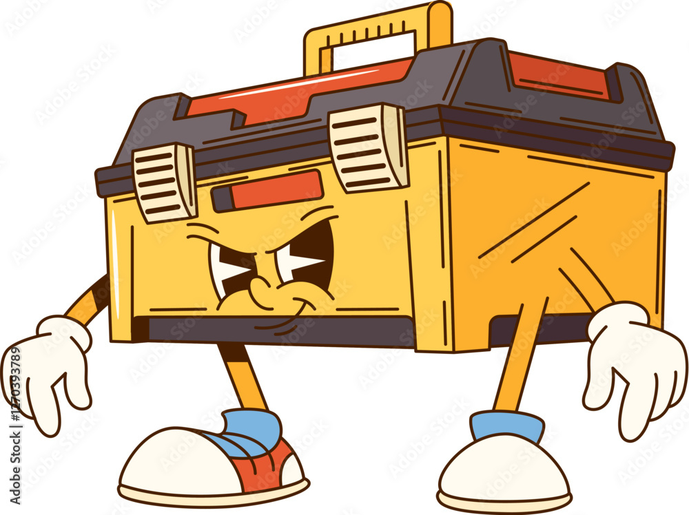Leinwandbilder Groovy toolbox cartoon character for construction, repair and DIY tool, vector emoji. Groovy box of tools with grumpy face and cunning smile for carpentry and construction tool cartoon character