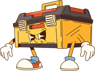 Groovy toolbox cartoon character for construction, repair and DIY tool, vector emoji. Groovy box of tools with grumpy face and cunning smile for carpentry and construction tool cartoon character