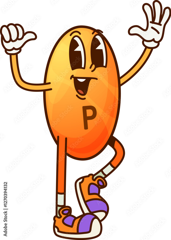 Poster cartoon groovy vitamin p and micronutrient character with cheerful expression. isolated vector funky