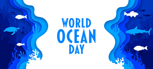 Paper cut World Ocean Day banner with underwater landscape, sea animals and fish vector silhouettes. 3d paper cut water waves, shark, sea turtle and seaweeds. World Ocean Day ecology concept © Vector Tradition