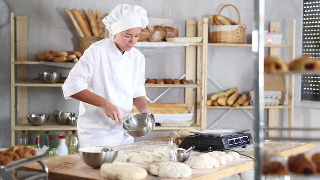 Smiling professional young female baker in white chef jacket and hat mixing ingredients for dough in metal bowl with whisk standing in small artisan bakery, surrounded by freshly baked goods. High
