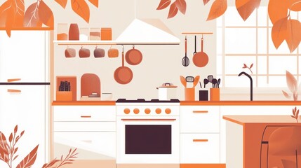 Modern kitchen interior with autumn leaves.  Possible use Stock photo for home decor magazines