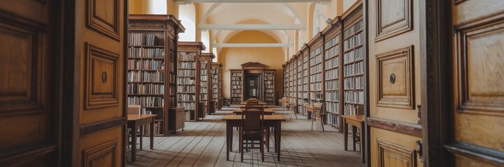 Long library filled with books and wooden tables chairs