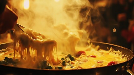 Street food chef stirs cheesy pasta, night market