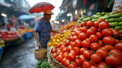 A vibrant market scene featuring fresh tomatoes and a vendor under an umbrella amidst a colorful display.