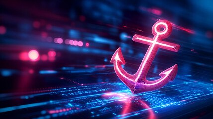 A vibrant neon anchor symbolizing stability in a digital world, surrounded by glowing data streams.