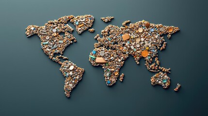 Plastic pollution idea. Creative world map made from various pieces of colored debris and trash materials.