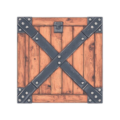 A wooden crate with metal straps and rivets, featuring a central lock, showcasing rustic craftsmanship and design. isolated on white background
