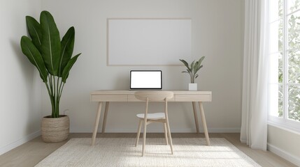 Minimalist home office workspace, laptop, plants, sunlight