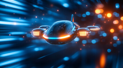 Futuristic hovercraft traveling at high speed through a vibrant neon backdrop, showcasing advanced design and innovation.
