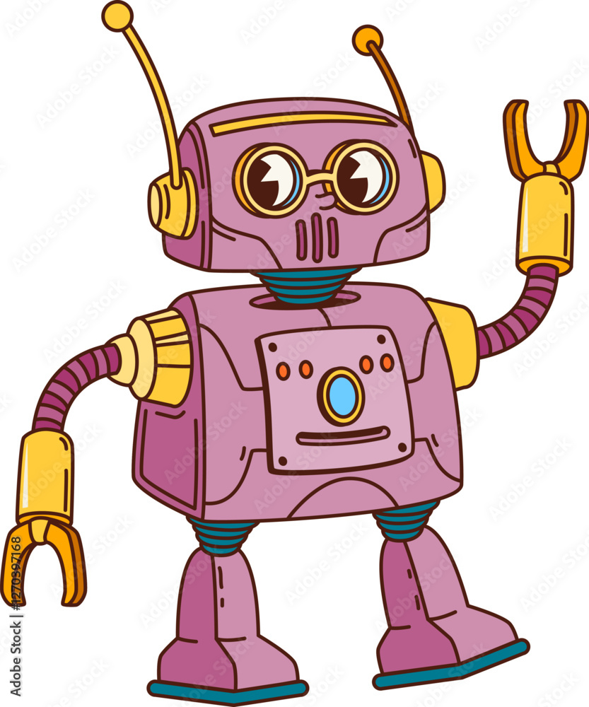 Aufkleber Groovy retro robot cartoon character or transformer droid with funny face, vector comic android. Groovy retro robot with robotic gripper arms, antenna and buttons for kids cute cyborg bot character