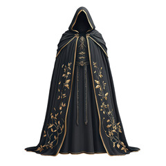 A dark, intricately designed cloak featuring elegant floral embellishments and a hood, exuding an air of mystery and sophistication. isolated on white background