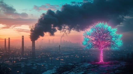 Fototapeta premium Plastic pollution idea. A vibrant tree stands out against a backdrop of industrial pollution and smoke.