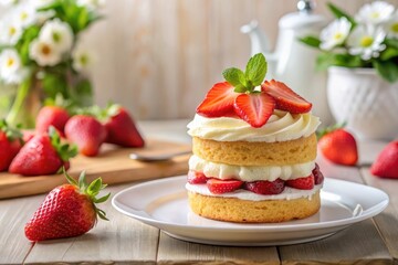 Delicious Strawberry Shortcake Delight with Creamy Frosting and Fresh Mint Garnish on Wooden Table