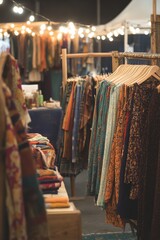 Naklejka premium Shopping at Vintage Clothing Market with Racks of Bohemian Style Clothes