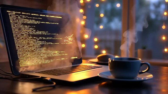 A laptop displaying code with a steaming coffee cup beside it, creating a cozy work atmosphere.