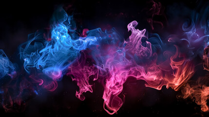 Vibrant, colorful smoke swirling against a dark background. Abstract and dynamic, perfect for adding a creative touch to designs or as a visually striking backdrop.
