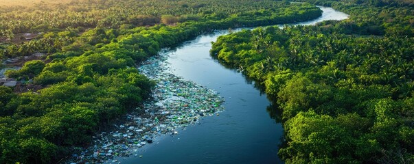Obraz premium Plastic pollution concept. Aerial view of a river surrounded by lush greenery and visible waste, illustrating pollution.