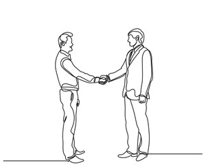 continuous line drawing of Happy confident business partners men shaking hands. Line art vector business people are meeting and shaking their hands to deal with a contract. concept of Trust agreement 