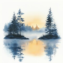 Watercolor painting of a peaceful morning fog over a quiet lake, on isolated white background