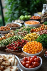 Abundant Buffet Table Displaying a Variety of Colorful Salads and Fresh Ingredients