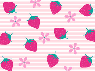 ピンク色のいちごとお花のボーダー柄壁紙