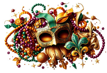 Close-up of an ornate Mardi Gras mask, transparent background.