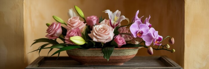 Fototapeta premium Beautiful floral arrangement with pink roses lilies and orchids
