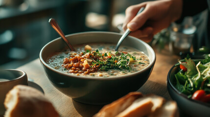 bowl of creamy lentil soup being served with fresh herbs and toppings, accompanied by side salad and bread. warm, inviting meal evokes comfort and satisfaction