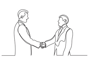 continuous line drawing of Happy confident business partners men shaking hands. Line art vector business people are meeting and shaking their hands to deal with a contract. concept of Trust agreement 