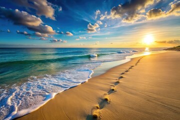 Golden Sands Embrace Serene Sunset Hues, Footprints Leading to Tranquil Ocean Waves