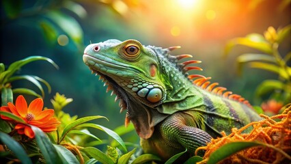 Obraz premium Vibrant Green Iguana Basking in Tropical Sunlight Amongst Lush Greenery and Bright Orange Blossoms
