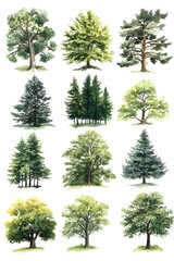 Watercolor Tree Collection Various Species and Shapes Artistic Botanical Illustration