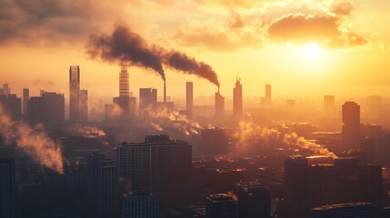Urban Landscape Shrouded in Smog at Sunset, Highlighting Air Pollution, Celebrating Earth Day