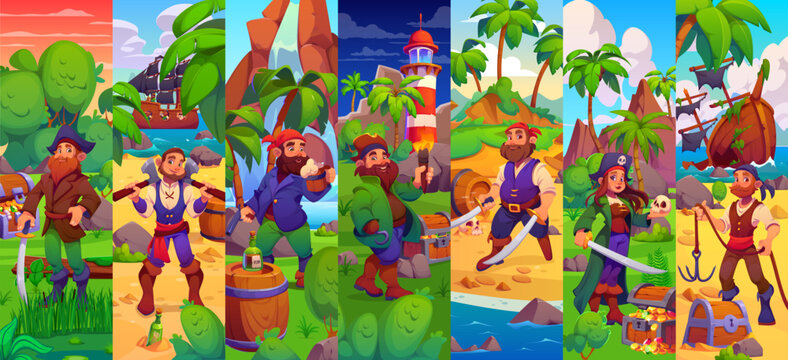 Cartoon pirate characters collage featuring maritime narrative with adventurous buccaneers with swords, treasure chests, rum barrels and tropical backdrops, shipwrecks, lighthouses and palm trees