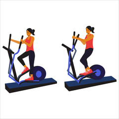 girl on an elliptical bike, demonstrating a controlled and rhythmic motion while maintaining proper posture. The animation highlights full-body engagement, focusing on cardiovascular endurance