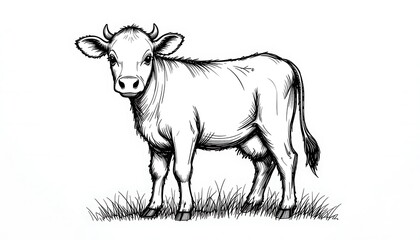 Fototapeta premium Black and white illustration of a young calf standing in the grass, detailed drawing of a cute cow, farm animal artwork
