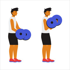 man performing a barbell curl, a classic exercise focused on strengthening the biceps. The character holds a barbell with both hands, standing upright with feet shoulder-width apart.