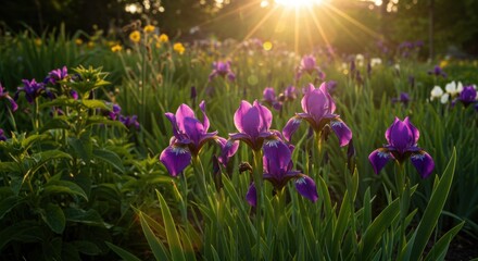 Fototapeta premium Vibrant purple irises blooming in a sunlit garden, surrounded by diverse flowers and greenery