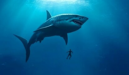 Fototapeta premium A lone diver faces a colossal great white shark in the deep ocean. Breathtaking!