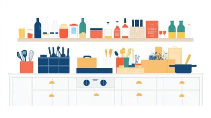 Organized Kitchen Shelf with Utensils and Food Items