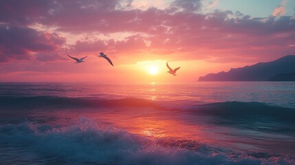 Obraz premium Sunset seagulls flying over ocean waves at beach