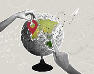 Trendy halftone collage. The concept of choosing a vacation spot, planning a trip. Hand shows place on globe where vacation is planned