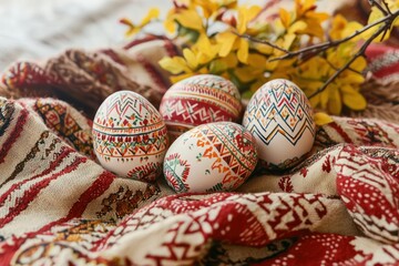 Bohemian setting with ethnic-patterned eggs on an earth-toned tapestry.